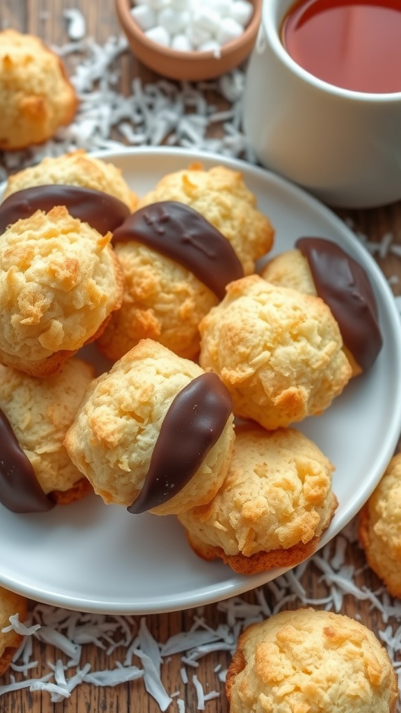 A plate of coconut macaroons, some dipped in chocolate, arranged with coconut shavings and a cup of tea.
